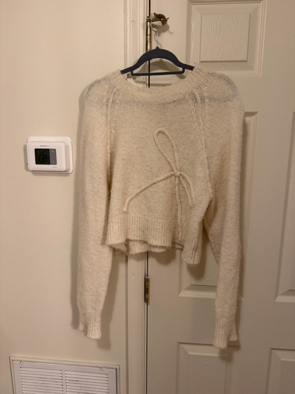 American Eagle Cream Knit Crewneck Sweater with Front Tie Detail